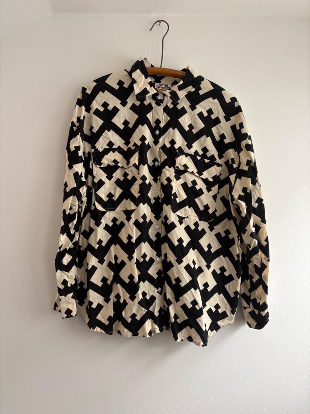 Black & Cream Geometric Button-Up Shirt by Future Collective, (L, fits like XL)